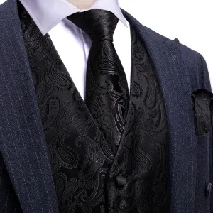 Ties2you Mens Vest Top Classic Black Paisley Silk Dress Vest Tie Pocket Square Cufflinks Set