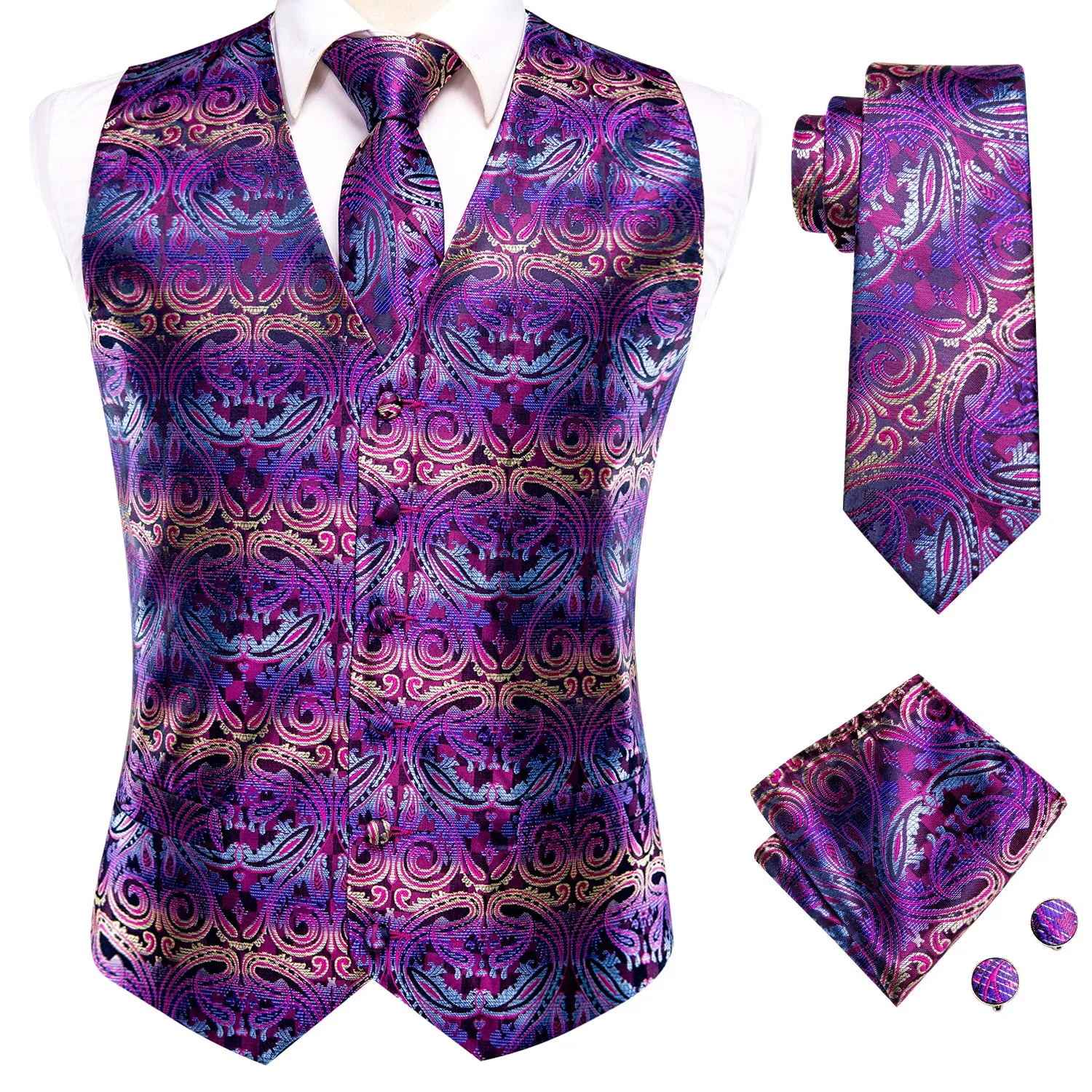 Ties2you Paisley Vest Mens Purple Jacquard Silk Men's Vest Hanky Cufflinks Tie Set