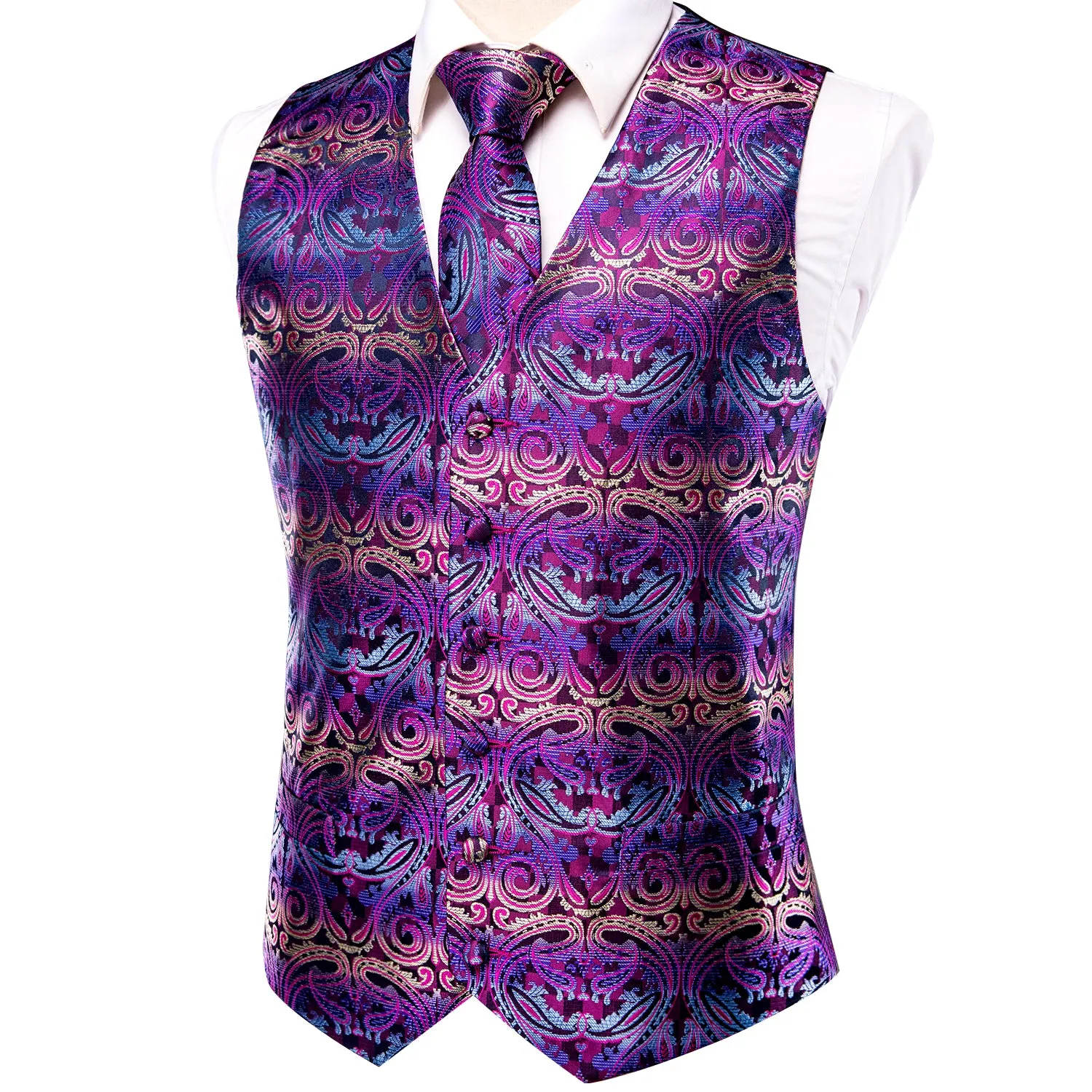 Ties2you Paisley Vest Mens Purple Jacquard Silk Men's Vest Hanky Cufflinks Tie Set