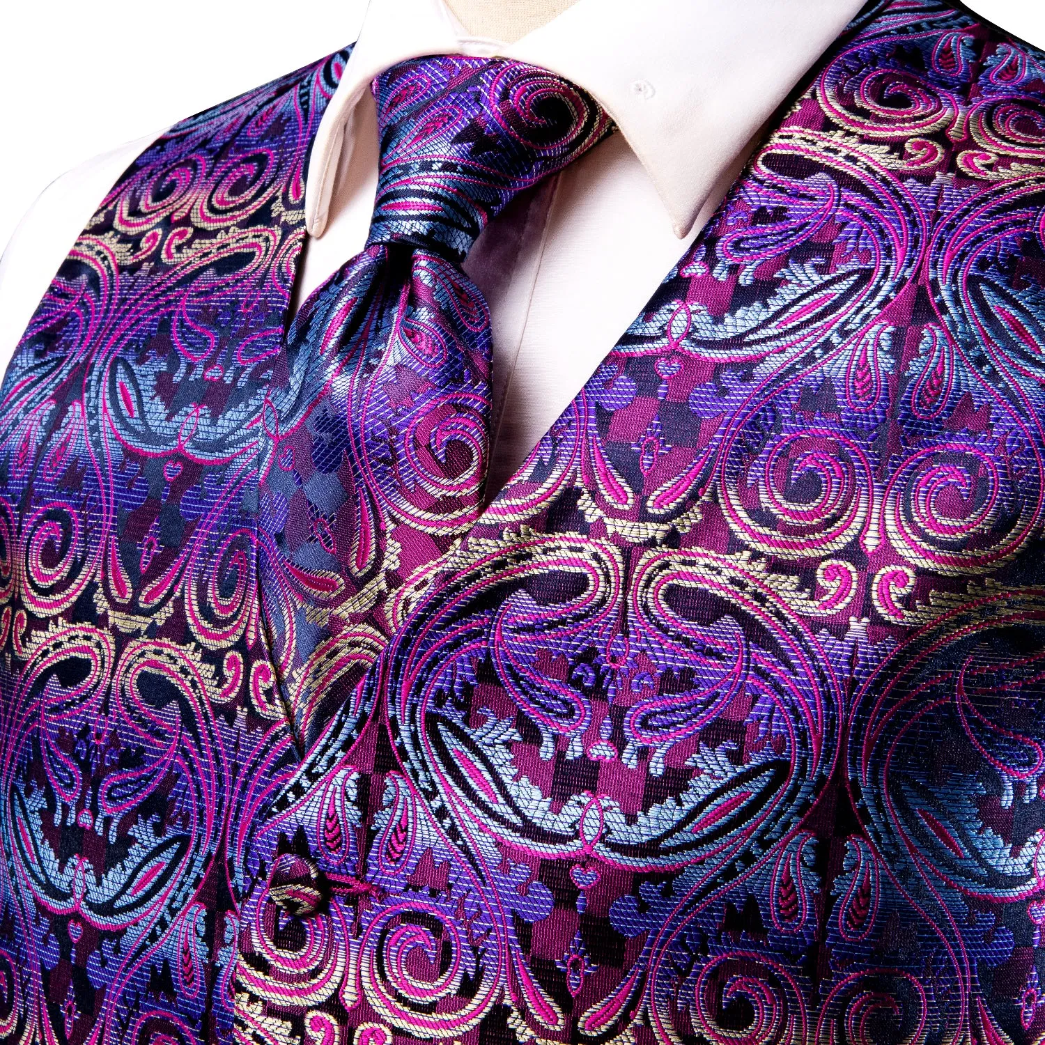 Ties2you Paisley Vest Mens Purple Jacquard Silk Men's Vest Hanky Cufflinks Tie Set