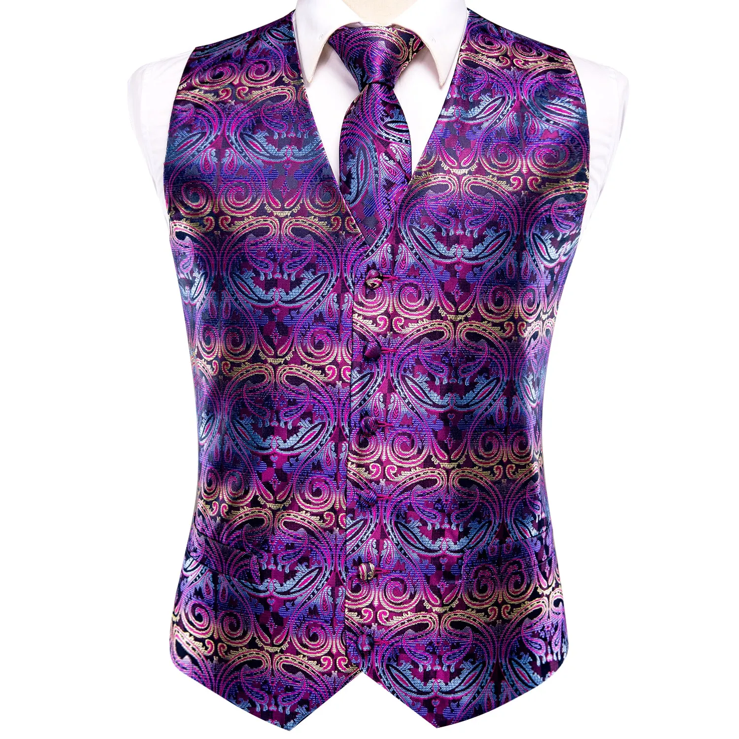 Ties2you Paisley Vest Mens Purple Jacquard Silk Men's Vest Hanky Cufflinks Tie Set