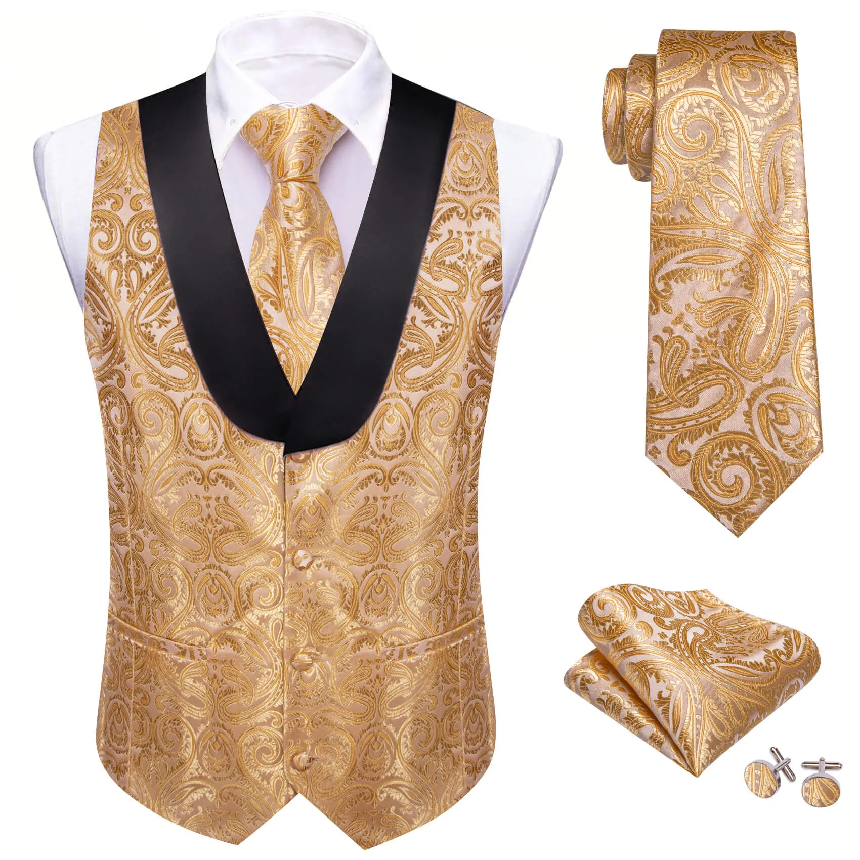 Ties2you Shawl Collar Vest Khaki Paisley Silk Men's Vest Tie Set