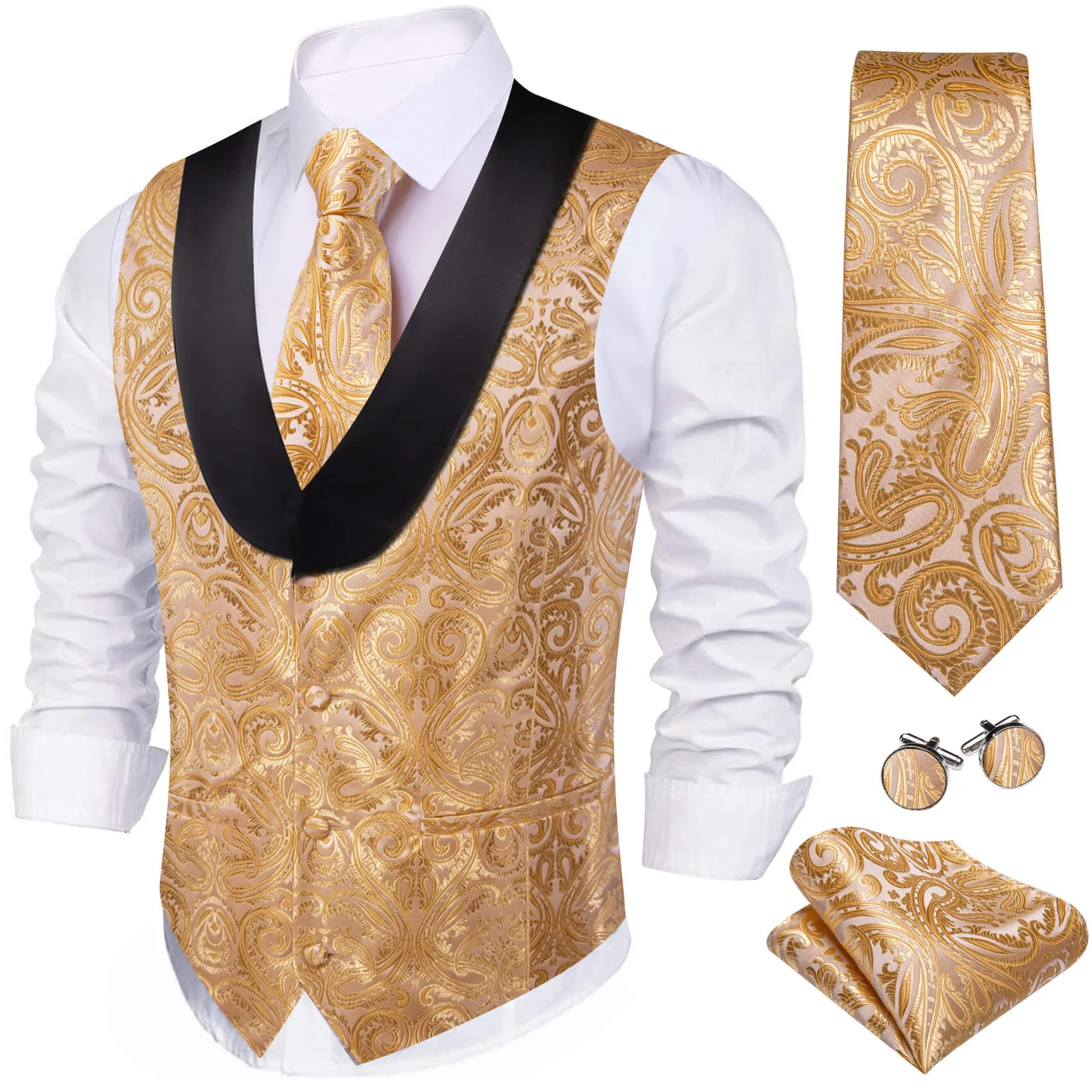 Ties2you Shawl Collar Vest Khaki Paisley Silk Men's Vest Tie Set