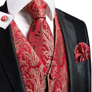 Ties2you Suit Vest Red Paisley Men's Vest Tie Hanky Cufflinks Set Waistcoat Set Classic