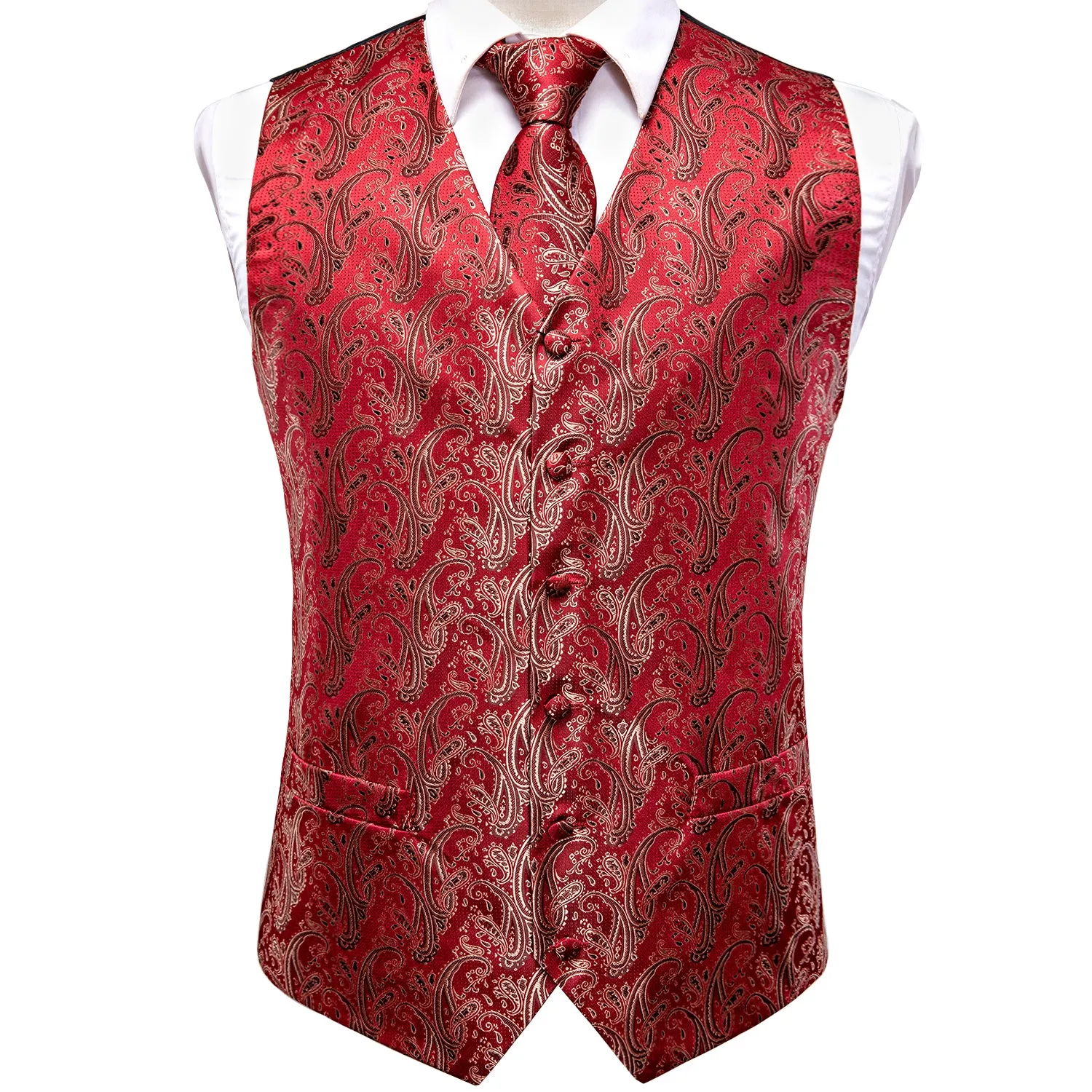 Ties2you Suit Vest Red Paisley Men's Vest Tie Hanky Cufflinks Set Waistcoat Set Classic