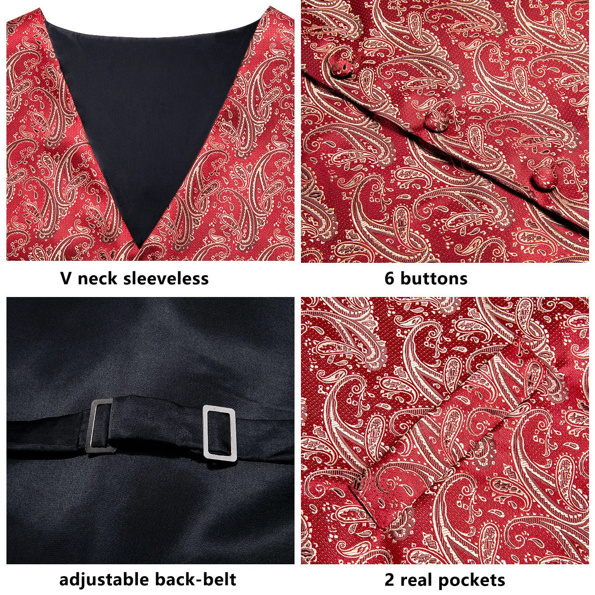 Ties2you Suit Vest Red Paisley Men's Vest Tie Hanky Cufflinks Set Waistcoat Set Classic