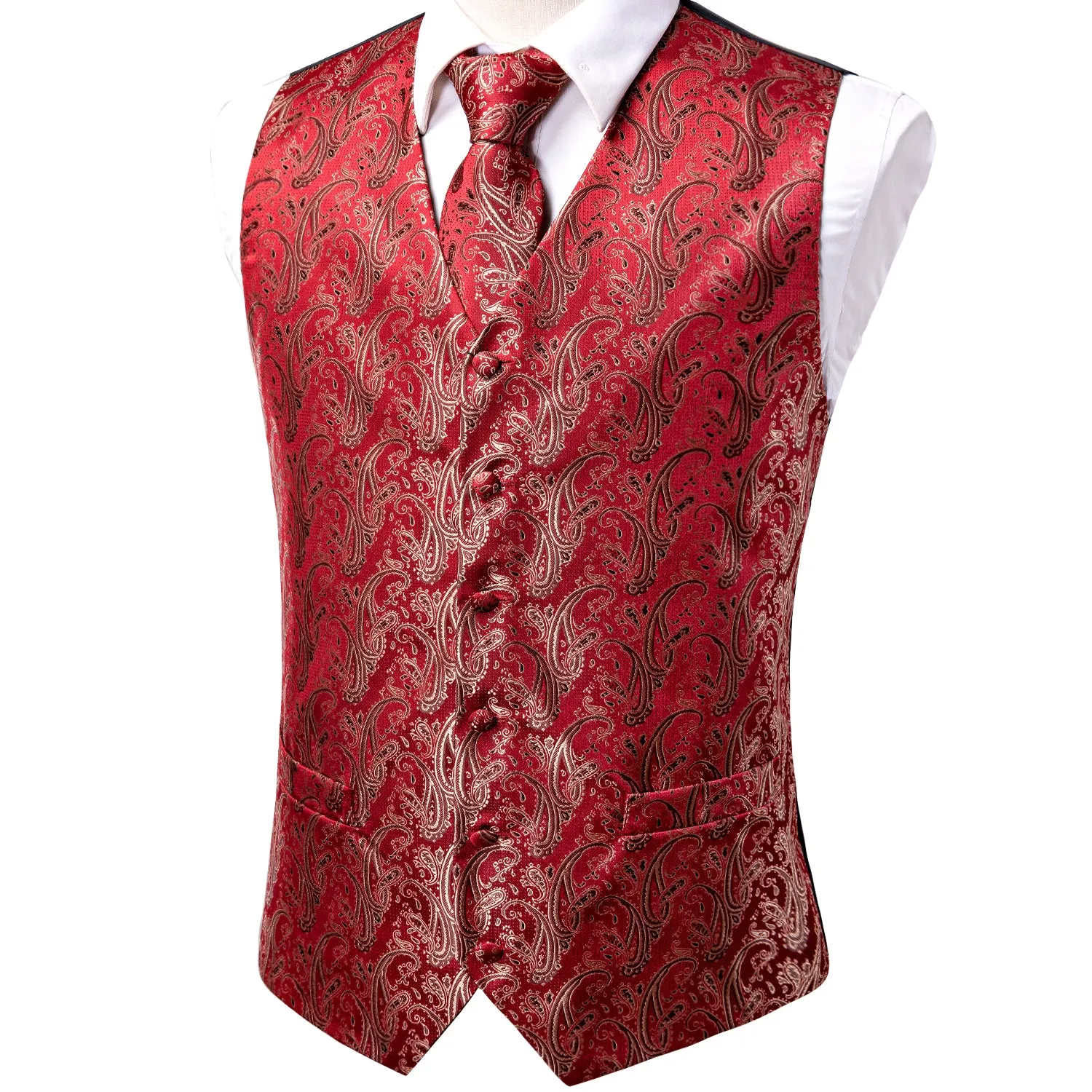 Ties2you Suit Vest Red Paisley Men's Vest Tie Hanky Cufflinks Set Waistcoat Set Classic