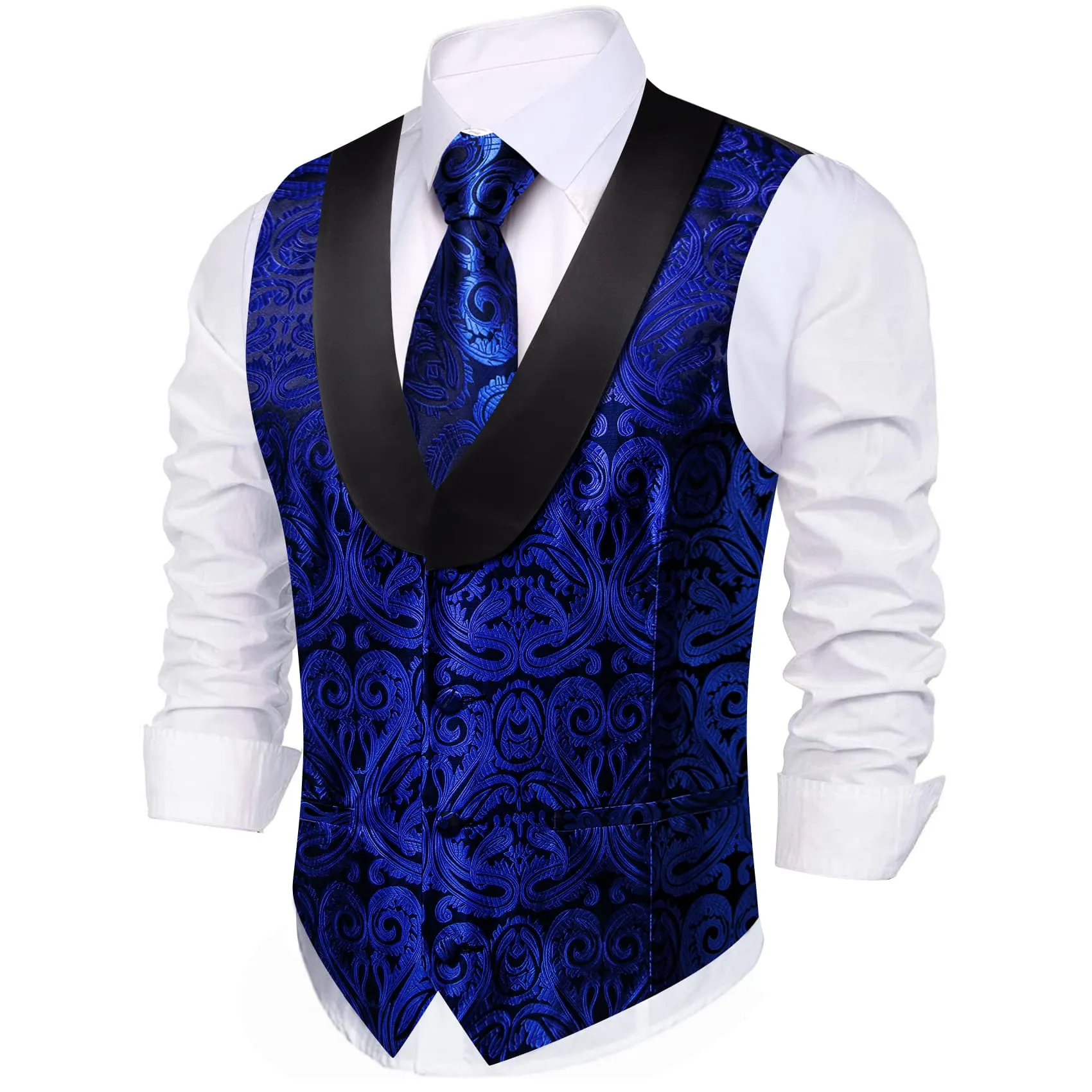 Ties2you Tuxedo Vest Cobalt Blue Paisley Black Shawl Collar Silk Dress Vest for Men