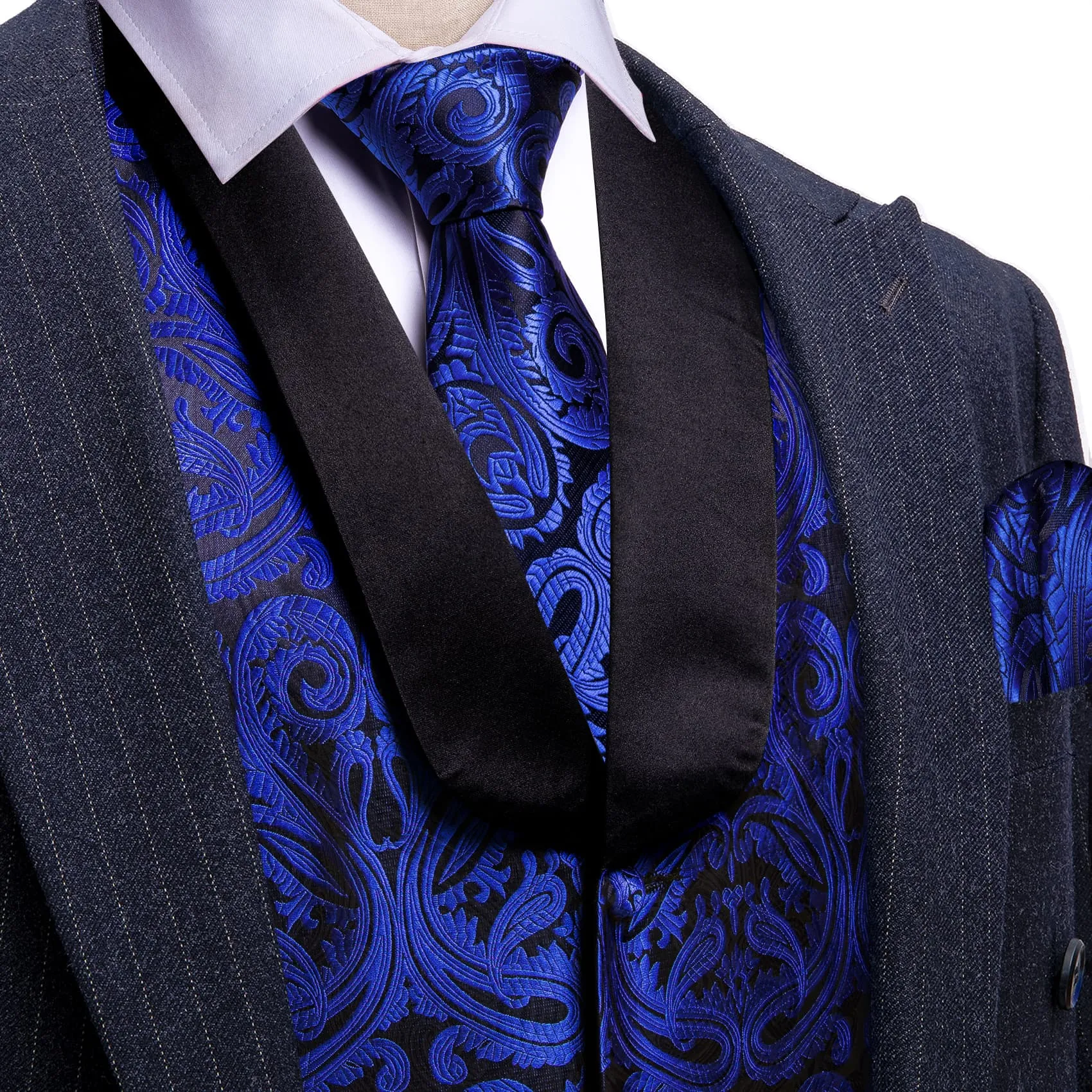 Ties2you Tuxedo Vest Cobalt Blue Paisley Black Shawl Collar Silk Dress Vest for Men