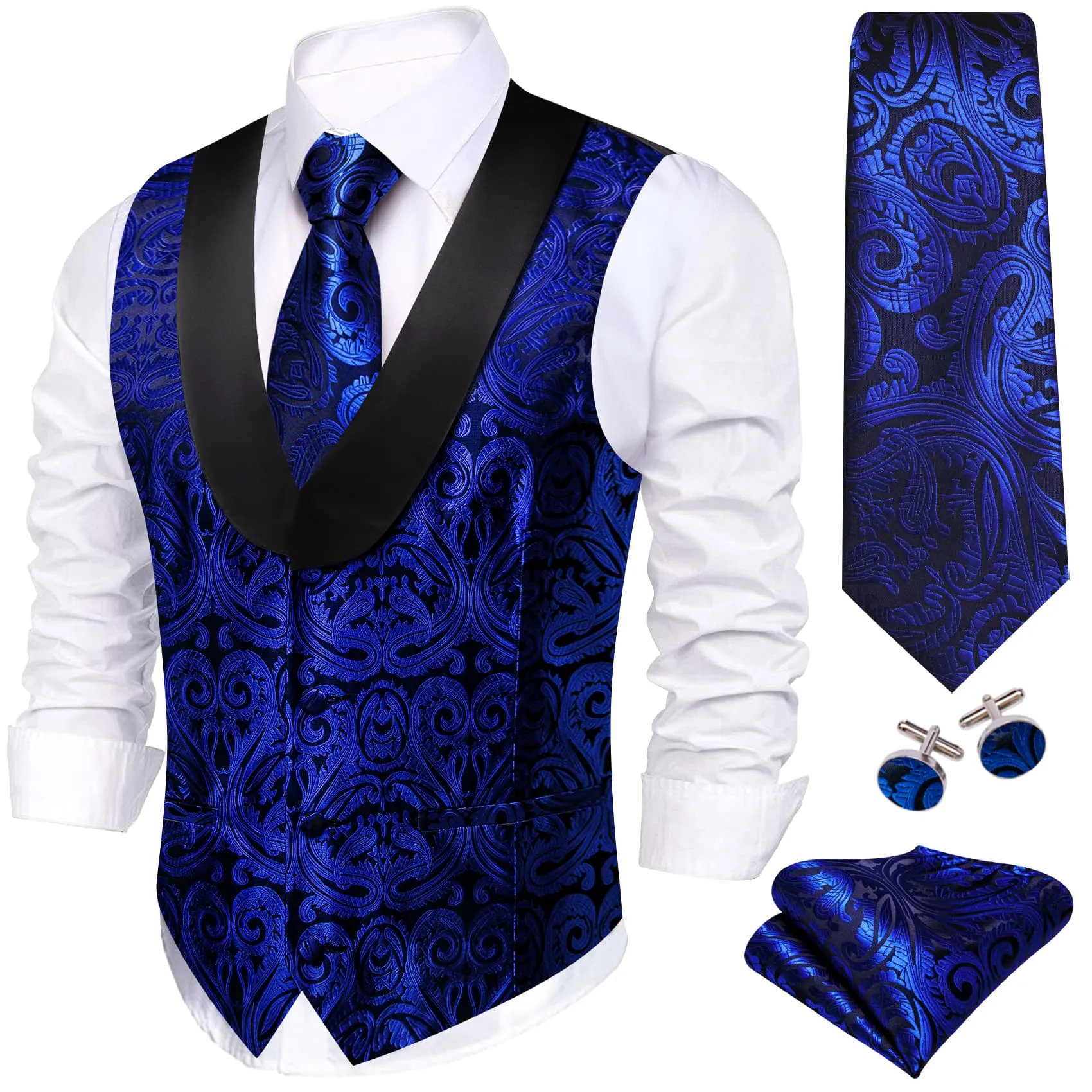 Ties2you Tuxedo Vest Cobalt Blue Paisley Black Shawl Collar Silk Dress Vest for Men