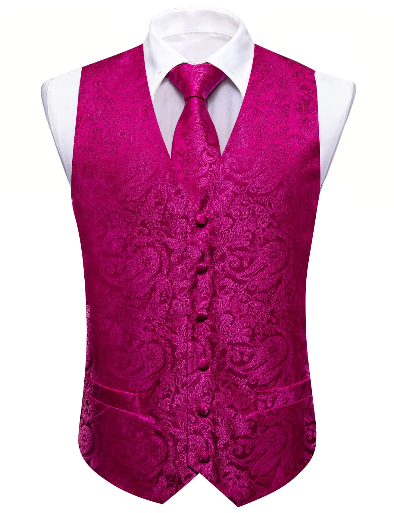 Ties2you Vest for Men Jazzberry Jam Pink Paisley Silk Work Vest Tie Pocket Square Cufflinks Set