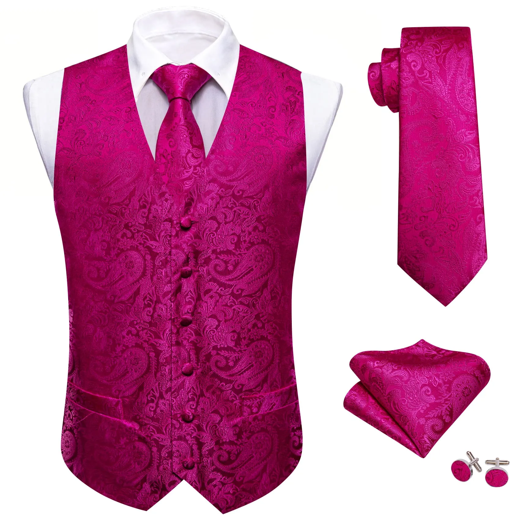 Ties2you Vest for Men Jazzberry Jam Pink Paisley Silk Work Vest Tie Pocket Square Cufflinks Set