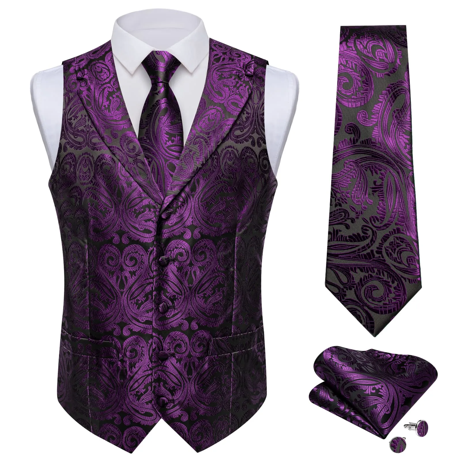 Ties2you Work Vest Palatinate Purple Paisley Notched Collar Silk Waistcoat Tie Set for Men