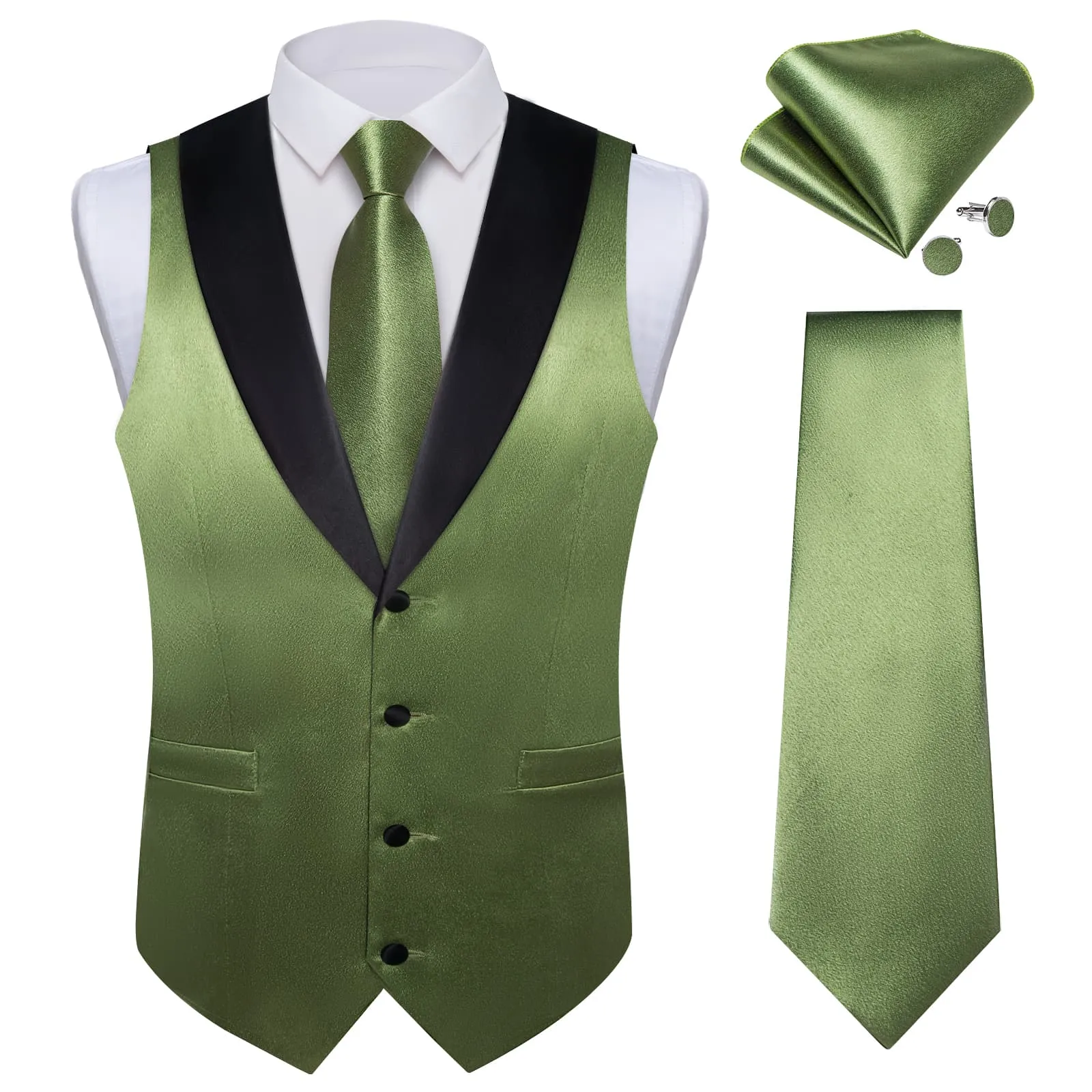 Ties2you Work Vest Shining Camouflage Green Solid Shawl Collar Silk Mens Vest Tie Set