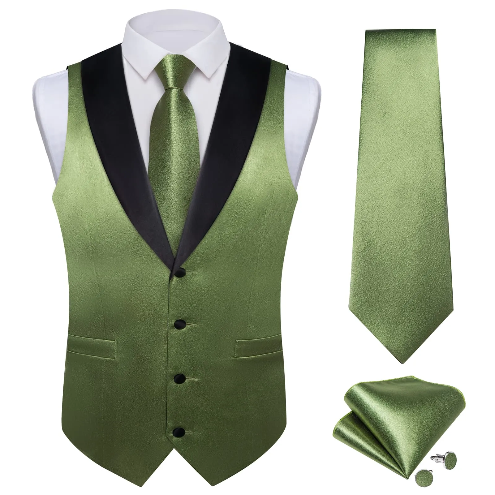 Ties2you Work Vest Shining Camouflage Green Solid Shawl Collar Silk Mens Vest Tie Set