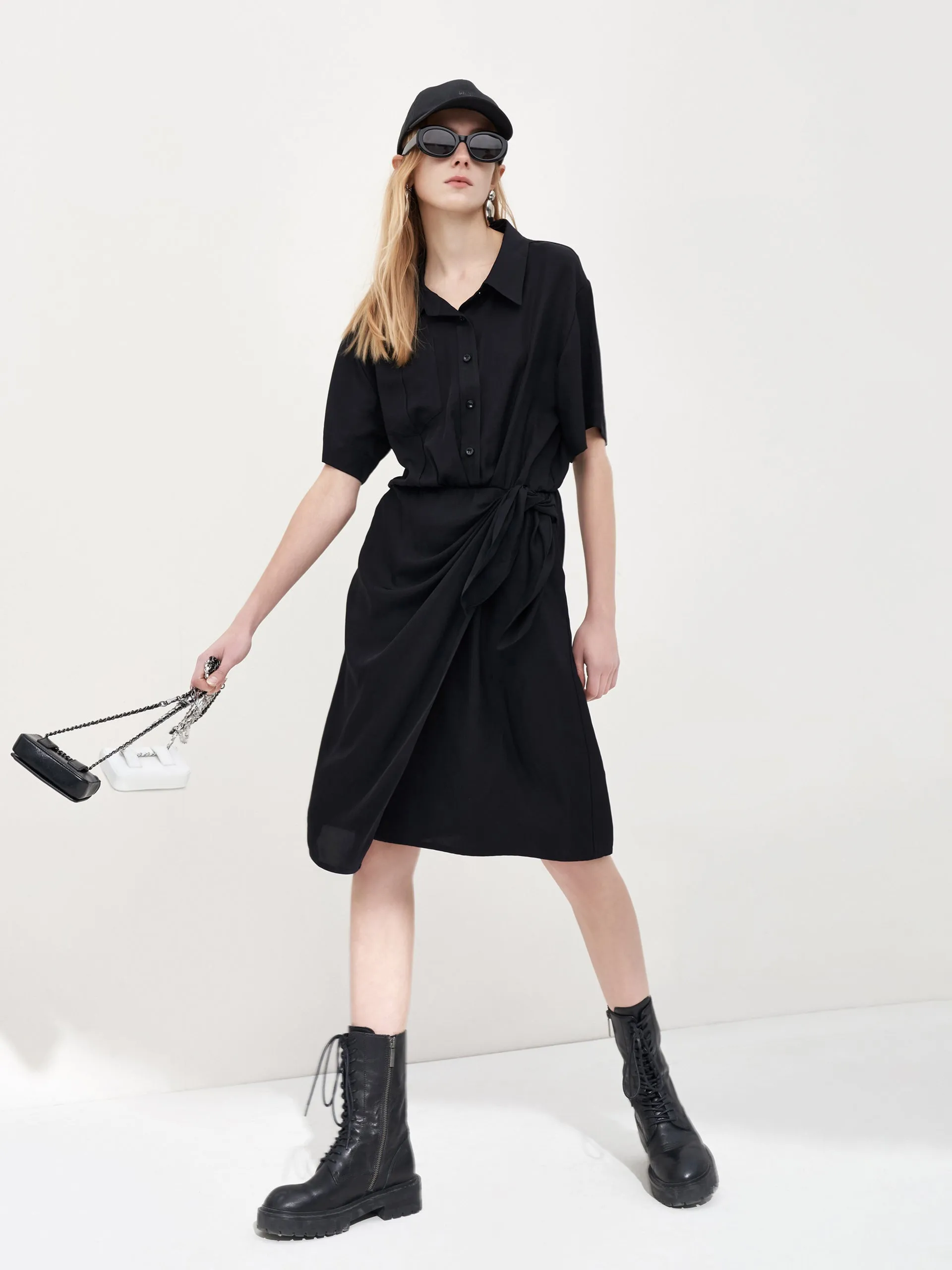 Triacetate Wrap Knot Shirt Dress