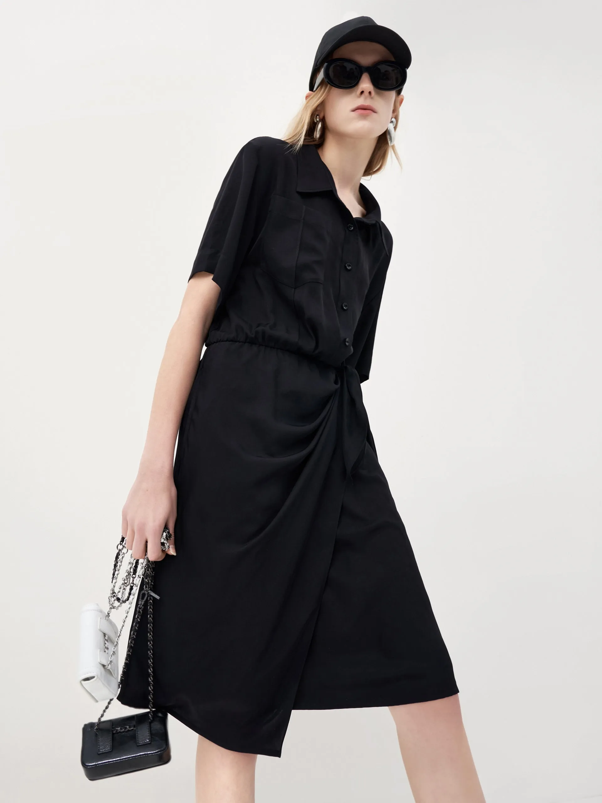 Triacetate Wrap Knot Shirt Dress