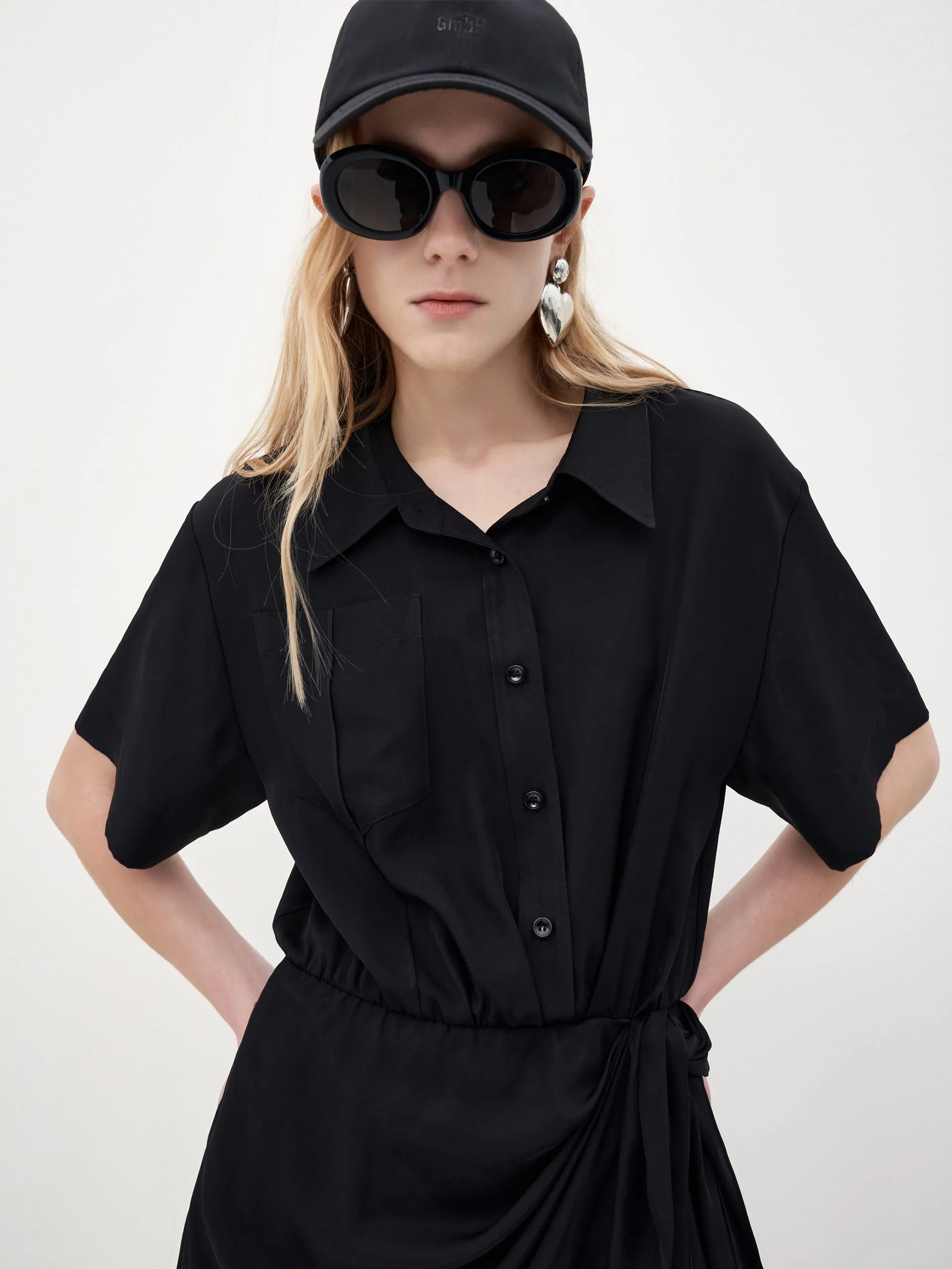 Triacetate Wrap Knot Shirt Dress