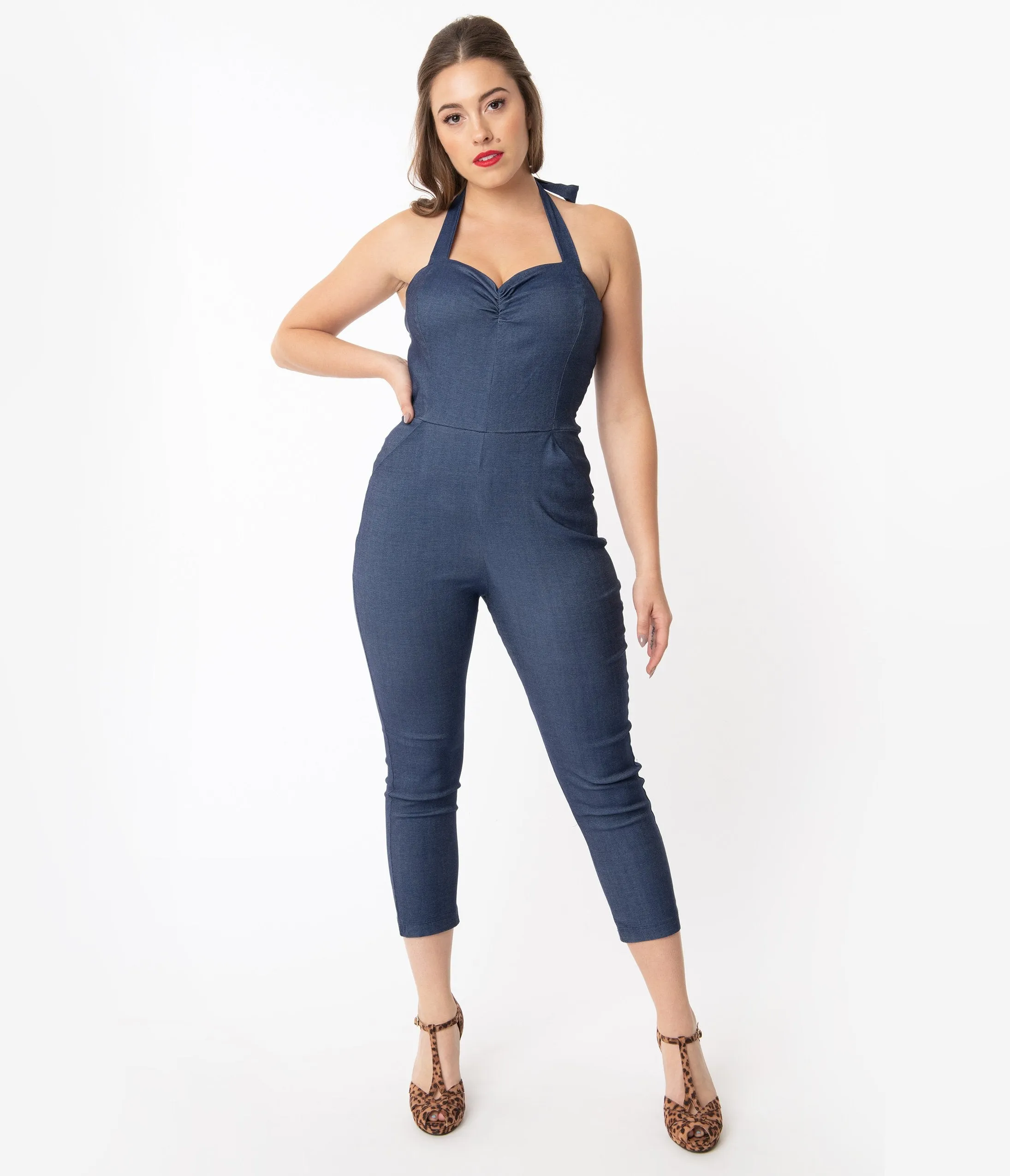 Unique Vintage 1950s Style Blue Denim Halter Marcel Cropped Jumpsuit