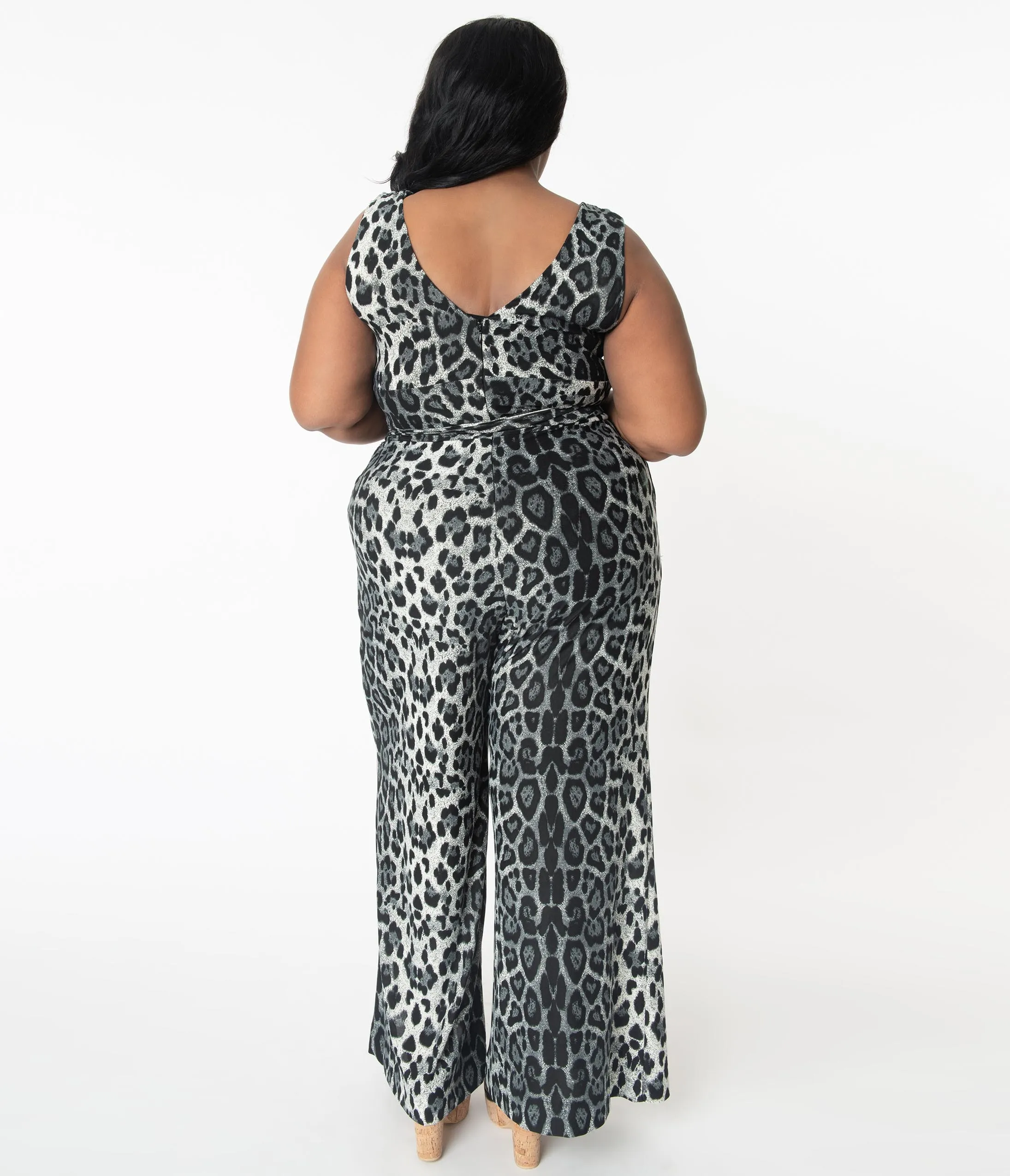 Unique Vintage Plus Size Grey Leopard Print Montgomery Jumpsuit