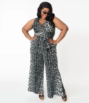 Unique Vintage Plus Size Grey Leopard Print Montgomery Jumpsuit