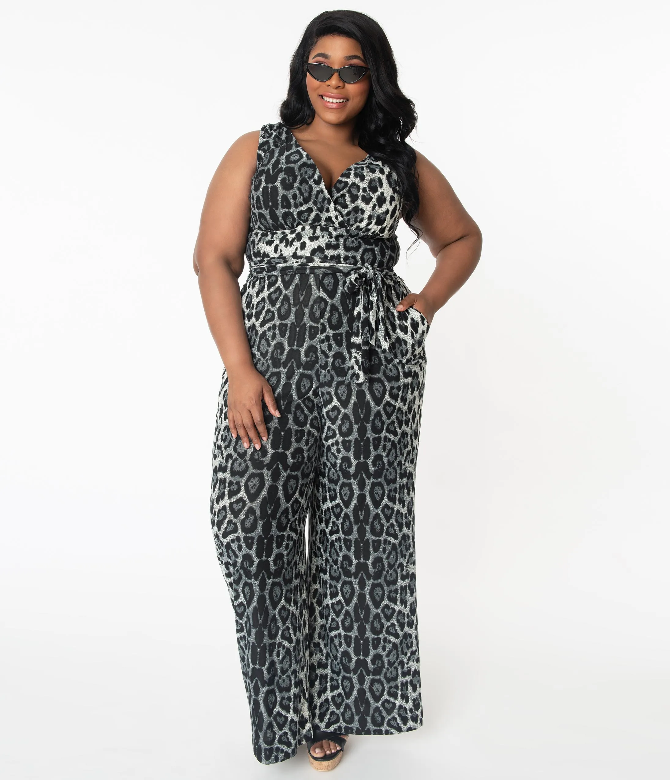 Unique Vintage Plus Size Grey Leopard Print Montgomery Jumpsuit