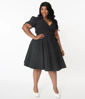 Unique Vintage Plus Size Retro Black & White Pin Dot Bianca Wrap Dress