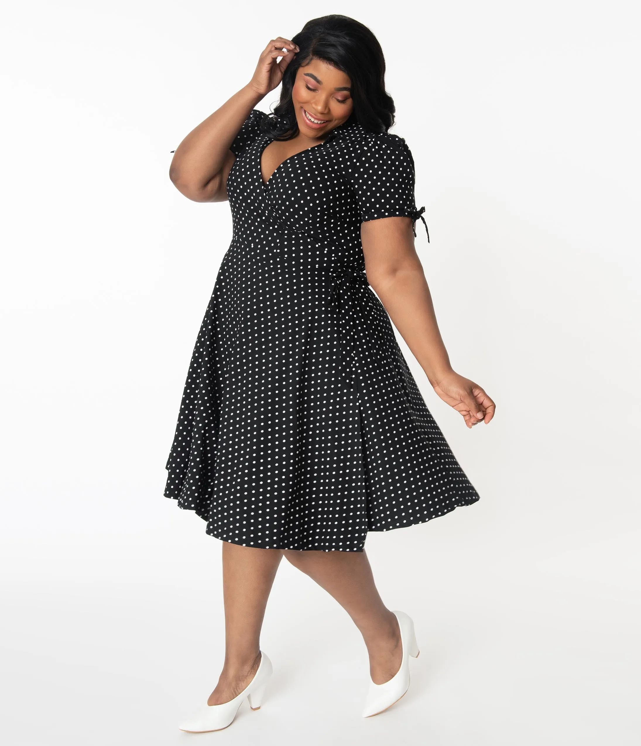 Unique Vintage Plus Size Retro Black & White Pin Dot Bianca Wrap Dress