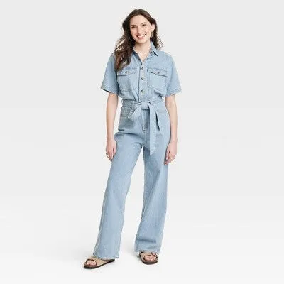 Universal Thread Women's Short Sleeve Denim Jumpsuit, Light Wash, Belted Waist