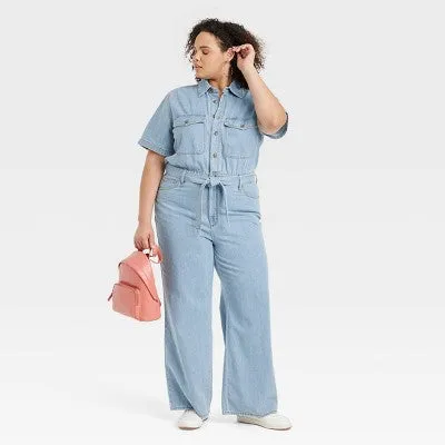 Universal Thread Women's Short Sleeve Denim Jumpsuit, Light Wash, Belted Waist