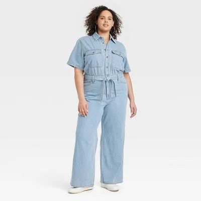 Universal Thread Women's Short Sleeve Denim Jumpsuit, Light Wash, Belted Waist