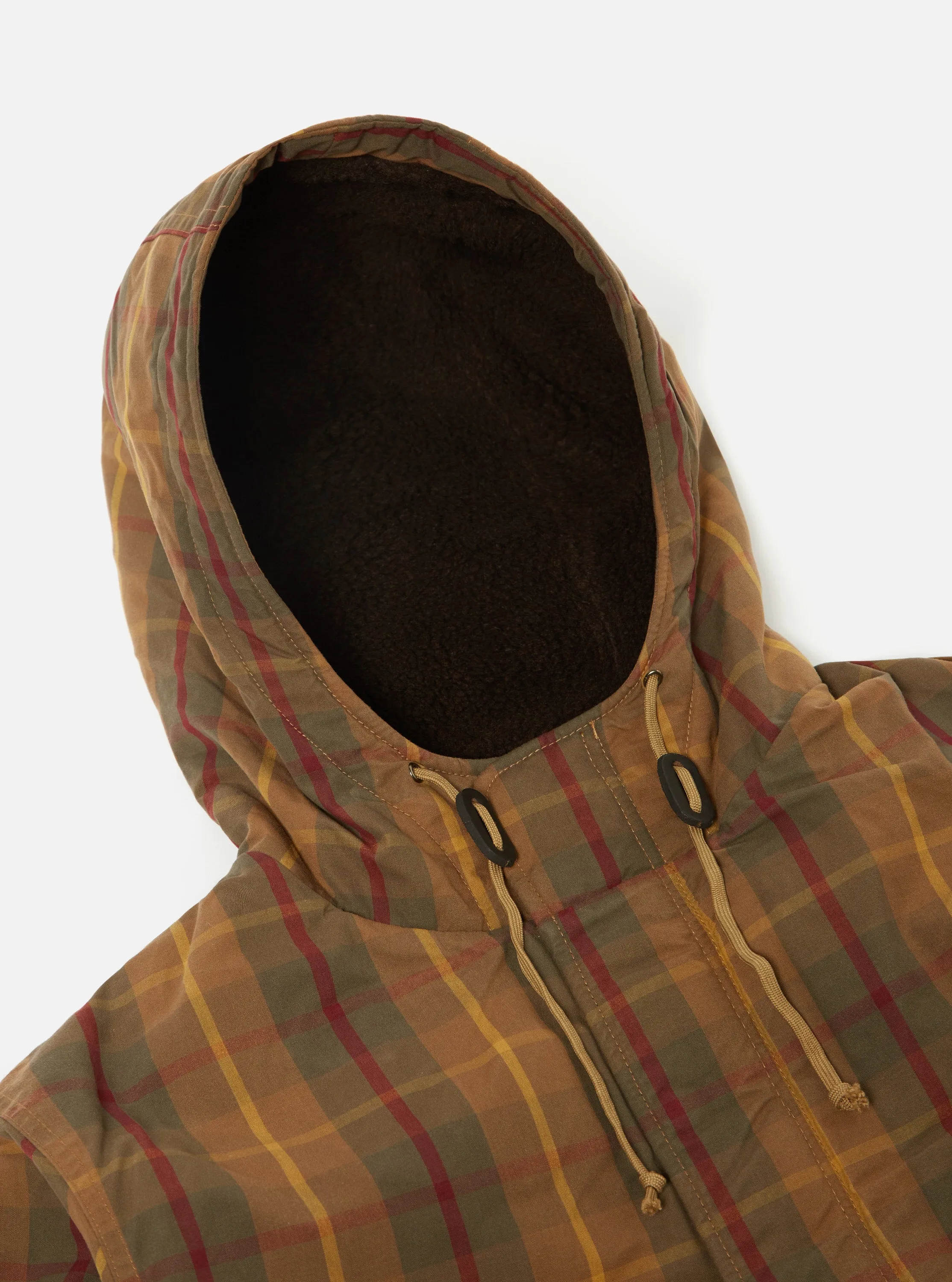 Universal Works Hebrides Parka in Cinnamon British Drywax Check