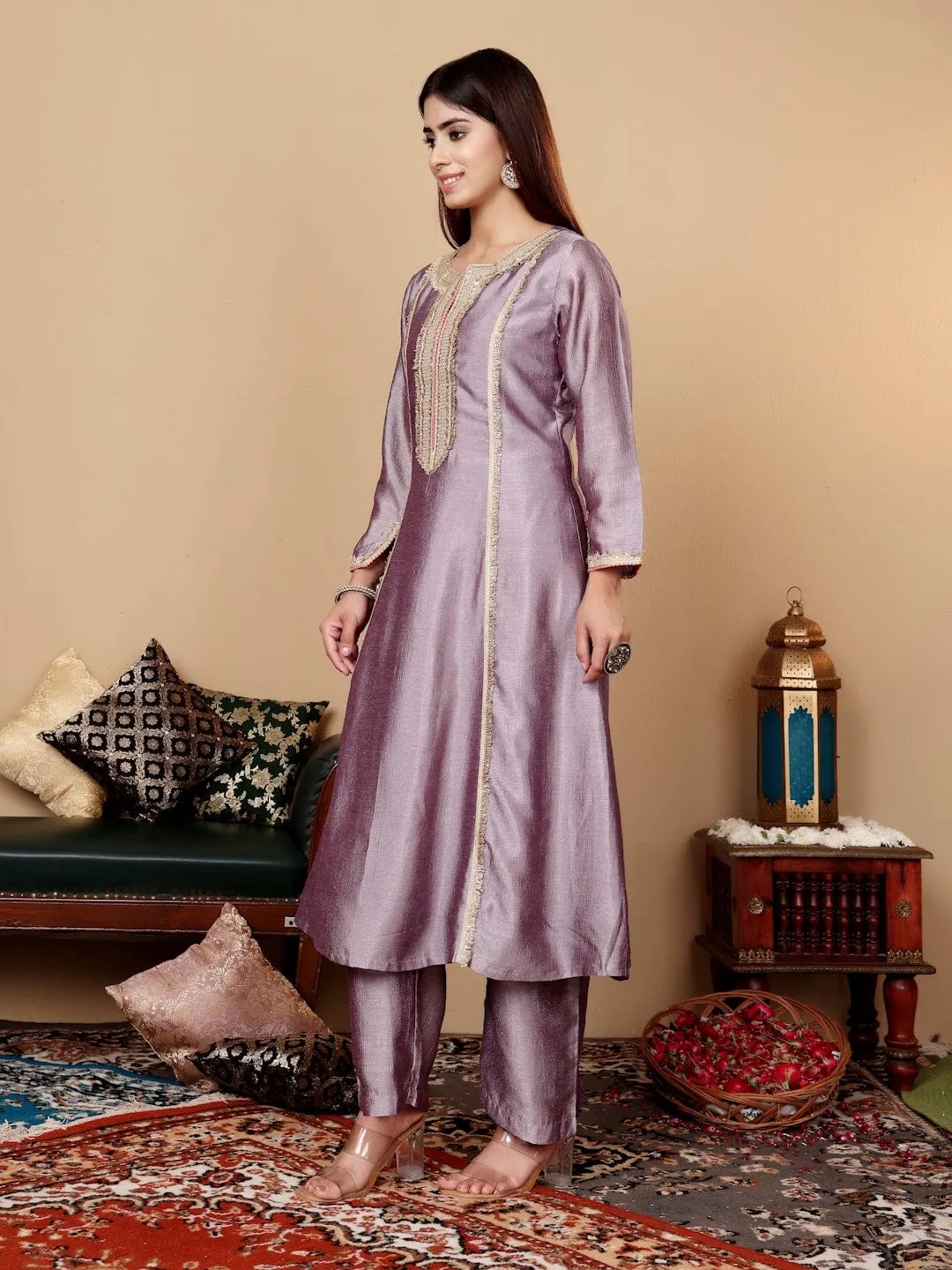 Varanga Women Lavender Zari Lace Embellished Anarkali Kurta With Trousers And Tissue Dupatta.