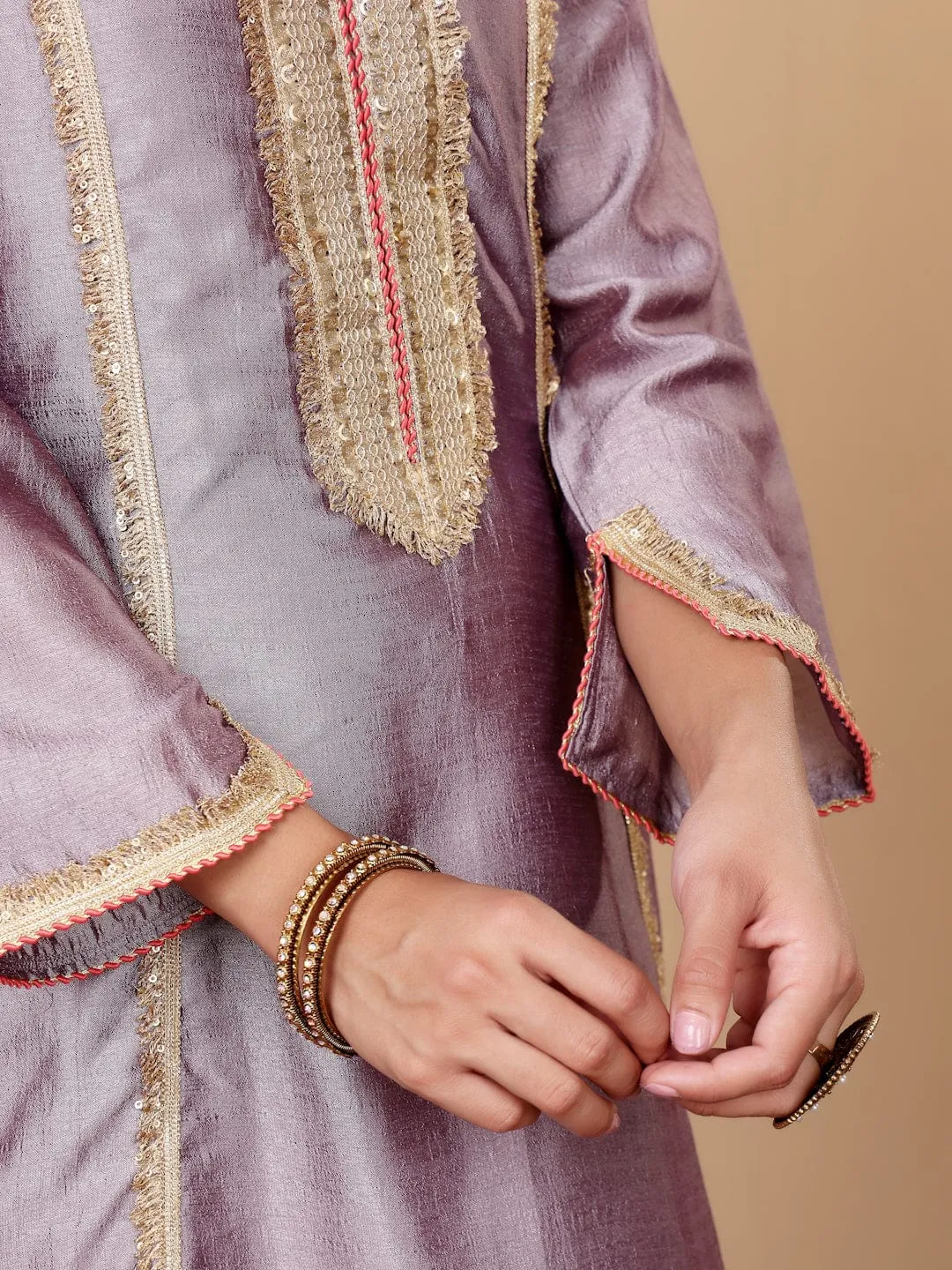 Varanga Women Lavender Zari Lace Embellished Anarkali Kurta With Trousers And Tissue Dupatta.