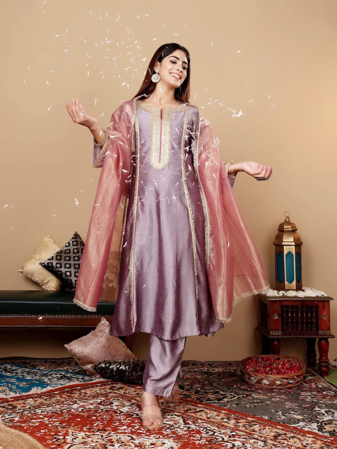 Varanga Women Lavender Zari Lace Embellished Anarkali Kurta With Trousers And Tissue Dupatta.