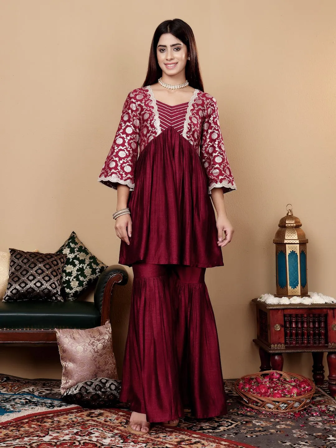 Varanga Women Magenta Brocade Peplum Kurti With Sharara And Dupatta