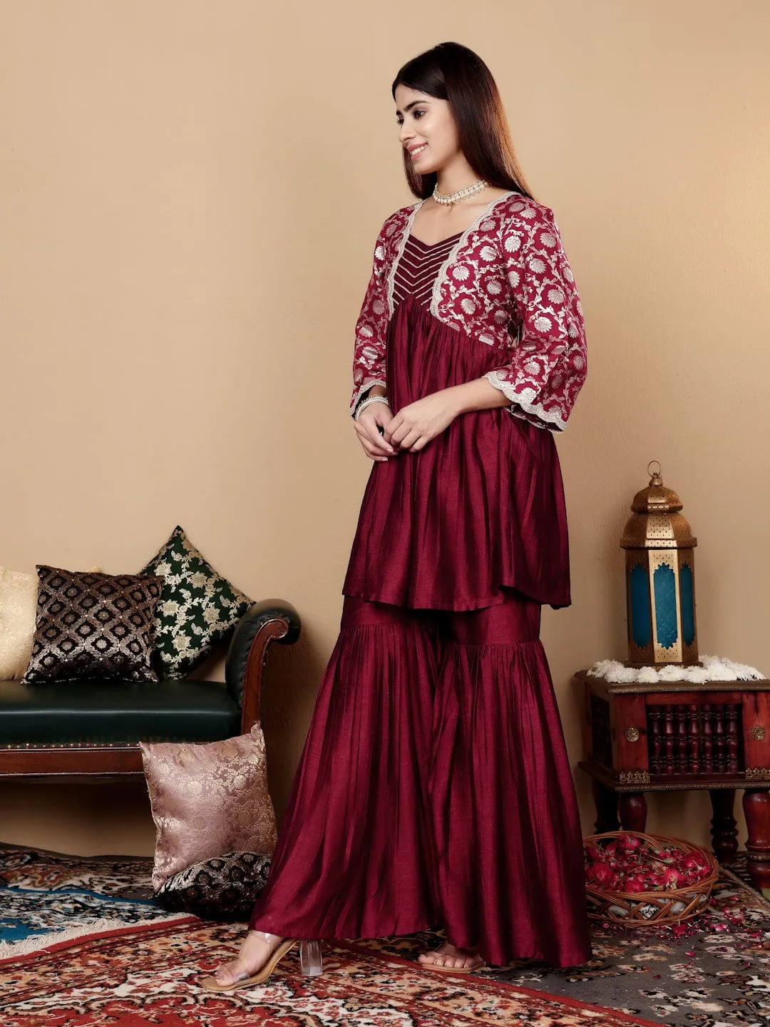 Varanga Women Magenta Brocade Peplum Kurti With Sharara And Dupatta