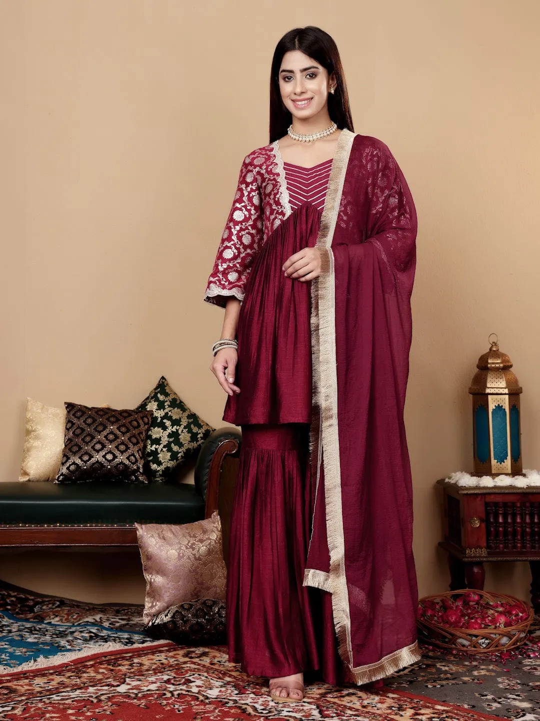 Varanga Women Magenta Brocade Peplum Kurti With Sharara And Dupatta