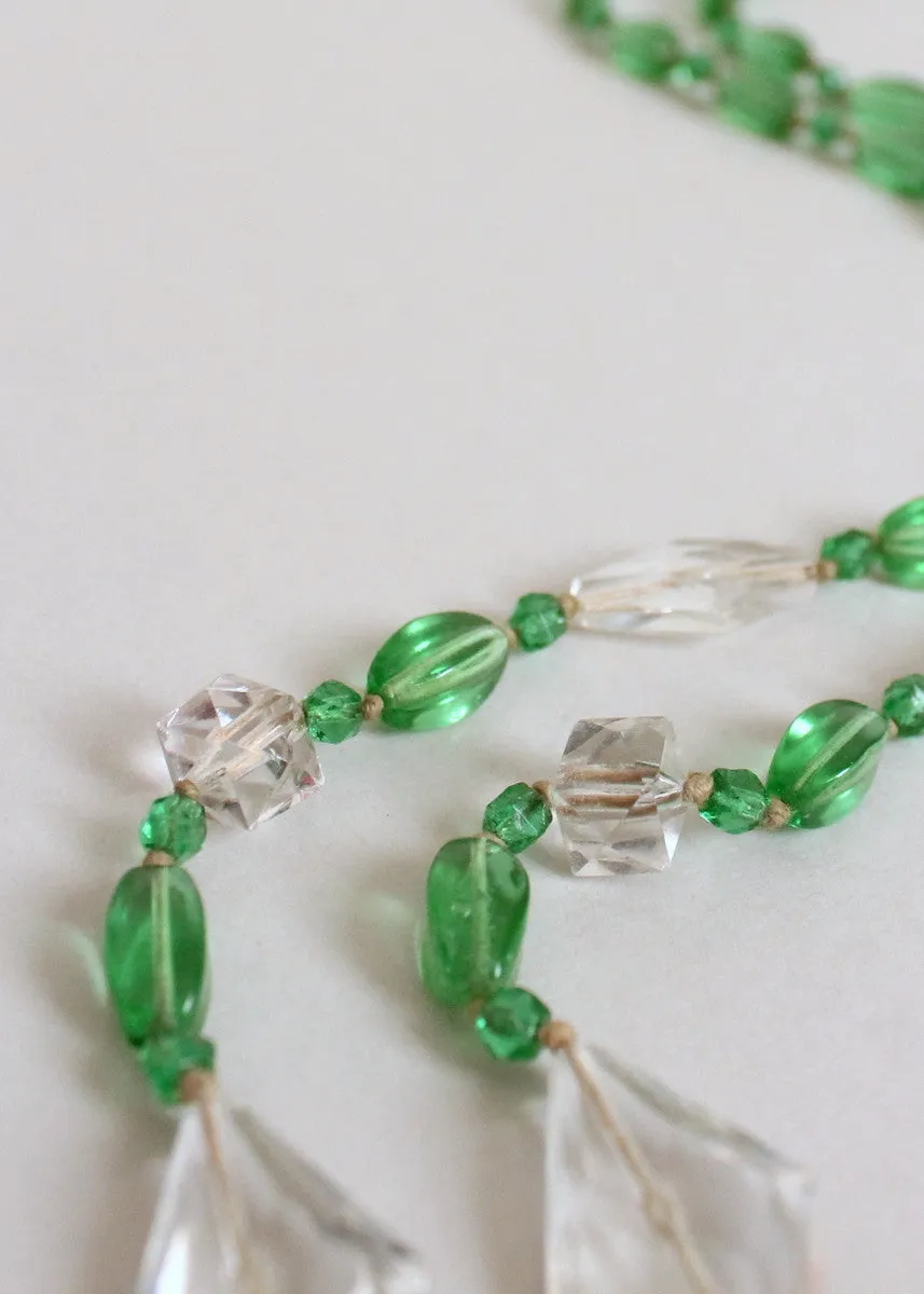 Vintage 1920s Green and Clear Glass Bead Necklace