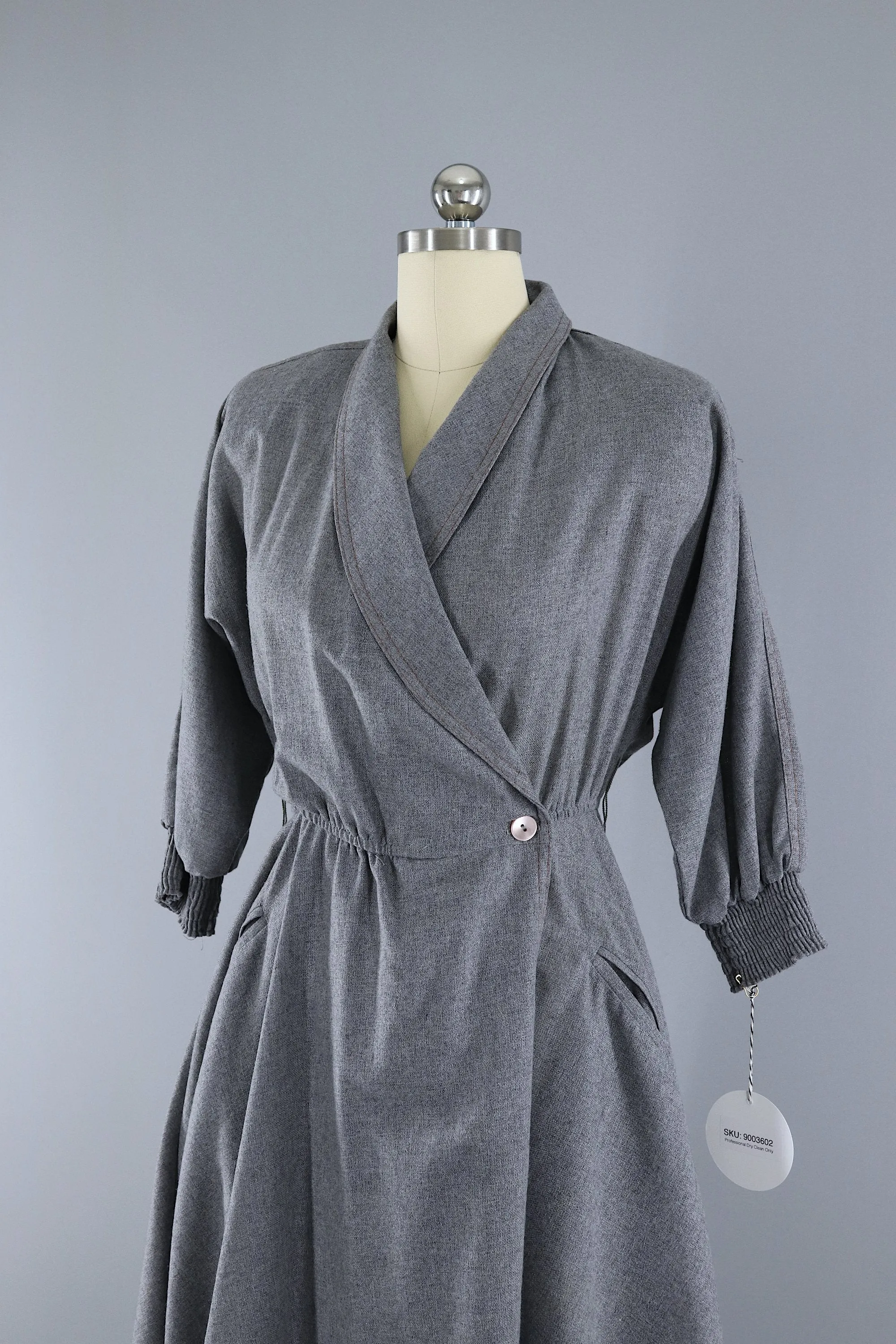 Vintage 1980s Grey Wool Wrap Dress