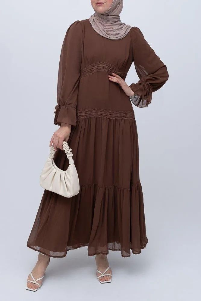 Vivvie classic chiffon dress lined not sheer with maxi sleeve and lace detail