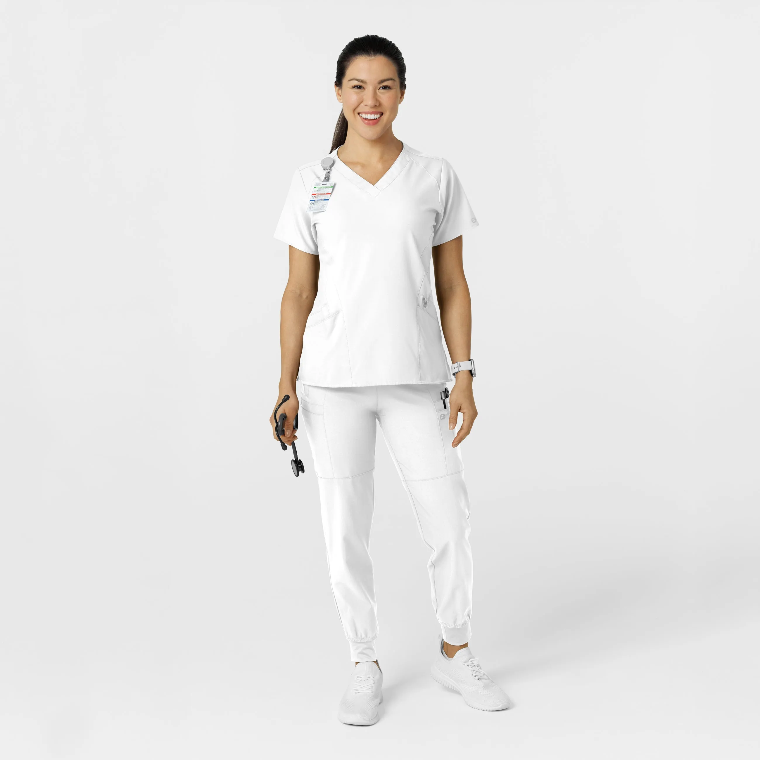 W123 Women's Comfort Waist Cargo Jogger Scrub Pant - White