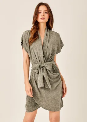 Washed Olive Faux-Wrap Dress