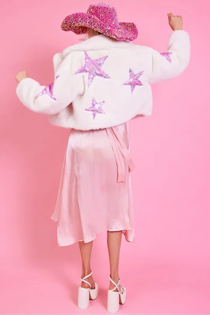 White Bamboo Faux Fur Sequins Star Jacket