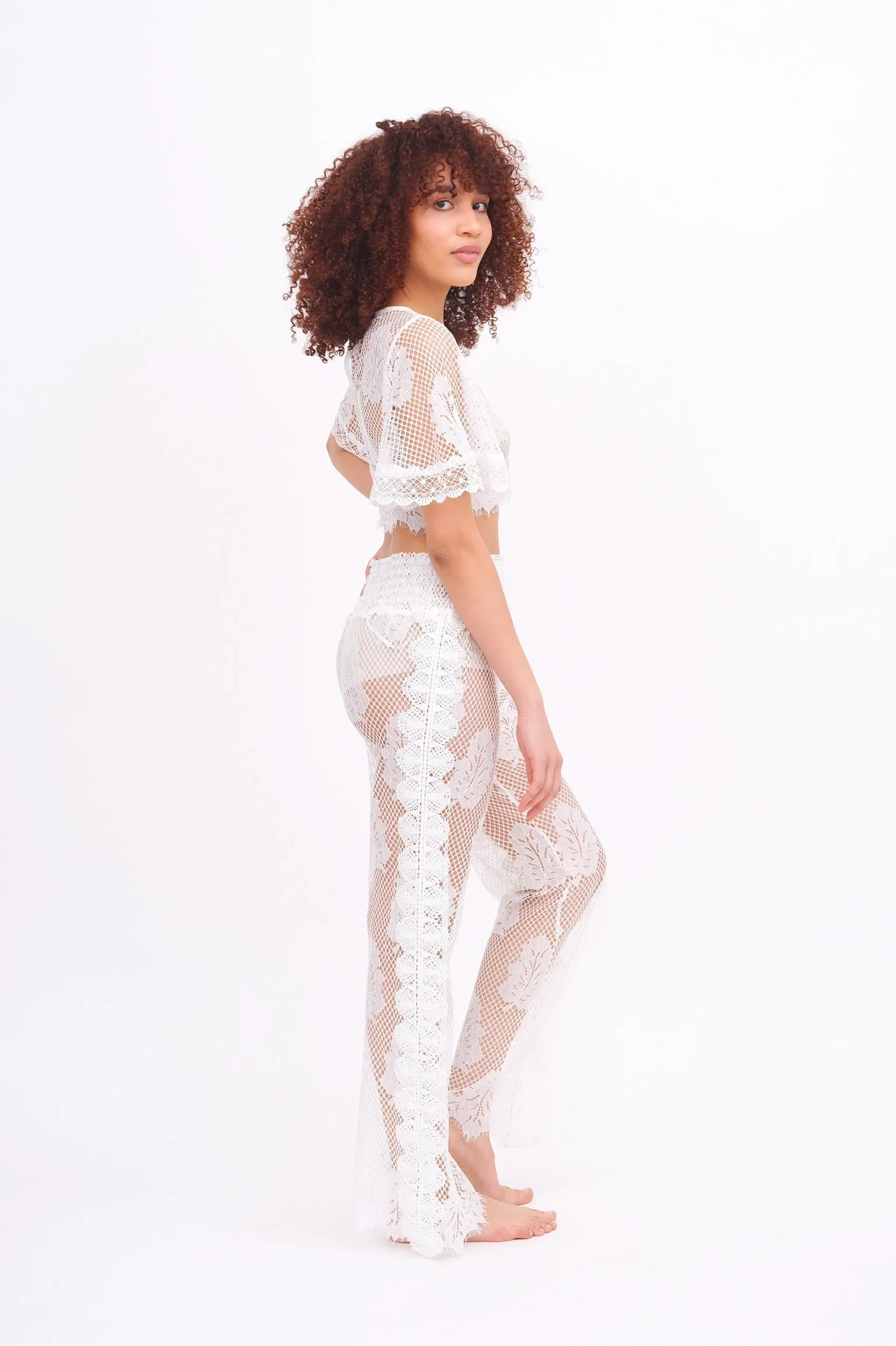 White Lace Leaf Palazzo Pant