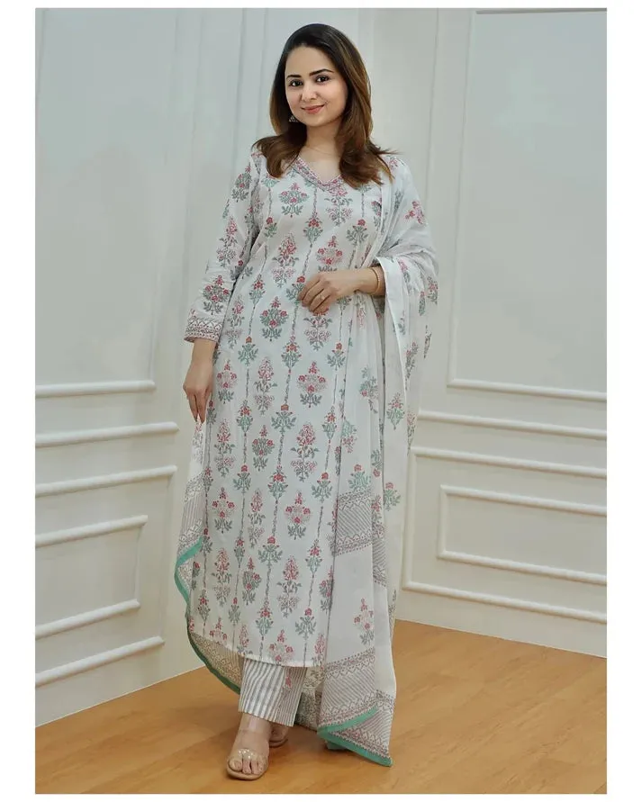 White Viscose Straight Cut Block Print Kurta Pant Set with Kota Doria Dupatta