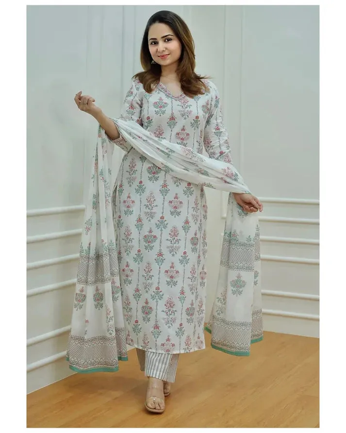 White Viscose Straight Cut Block Print Kurta Pant Set with Kota Doria Dupatta