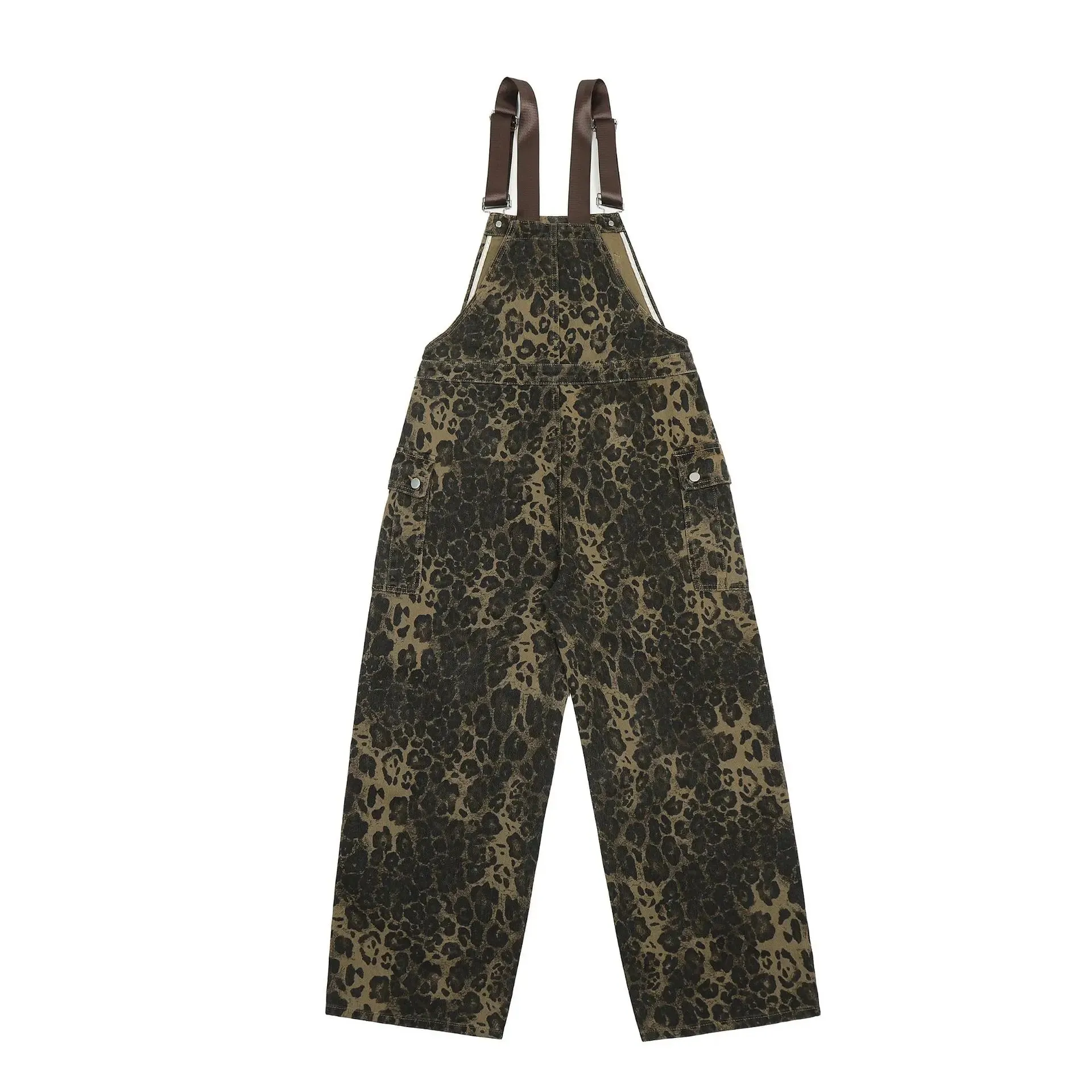 Wiaofellas  -  Hip Hop Leopard Print Overalls Men Women Streetwear Straight Leg Workwear Overalls Trendy Street Loose Wide Leg Pants Jumpsuit