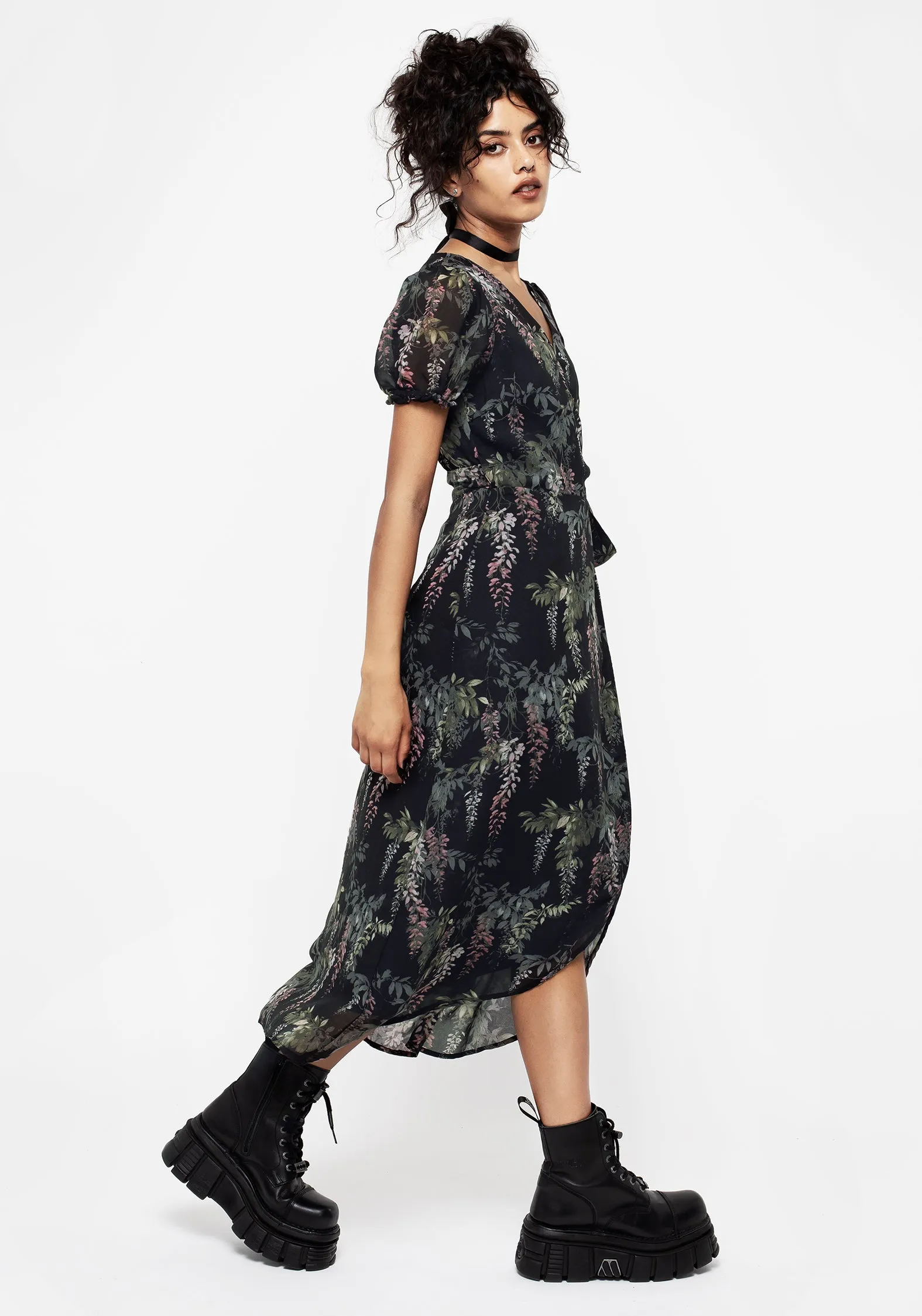 Wisteria Floral Print Chiffon Midi Wrap Dress