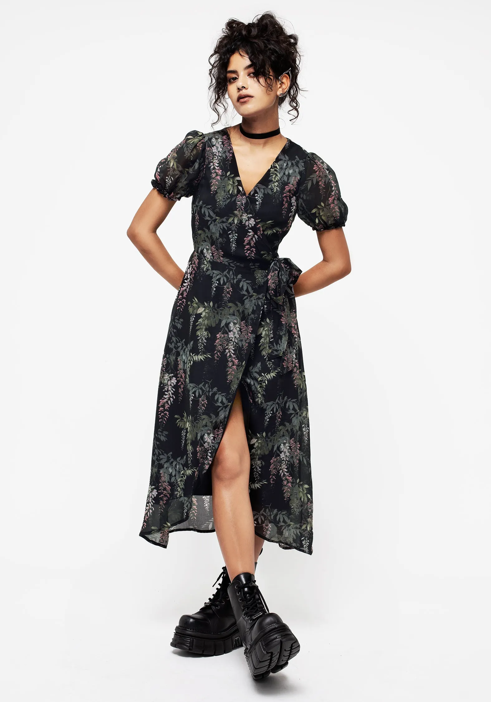 Wisteria Floral Print Chiffon Midi Wrap Dress